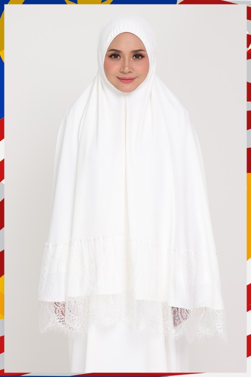 Mini Telekung Lace Dahlia Honey White + Jubah Wardah