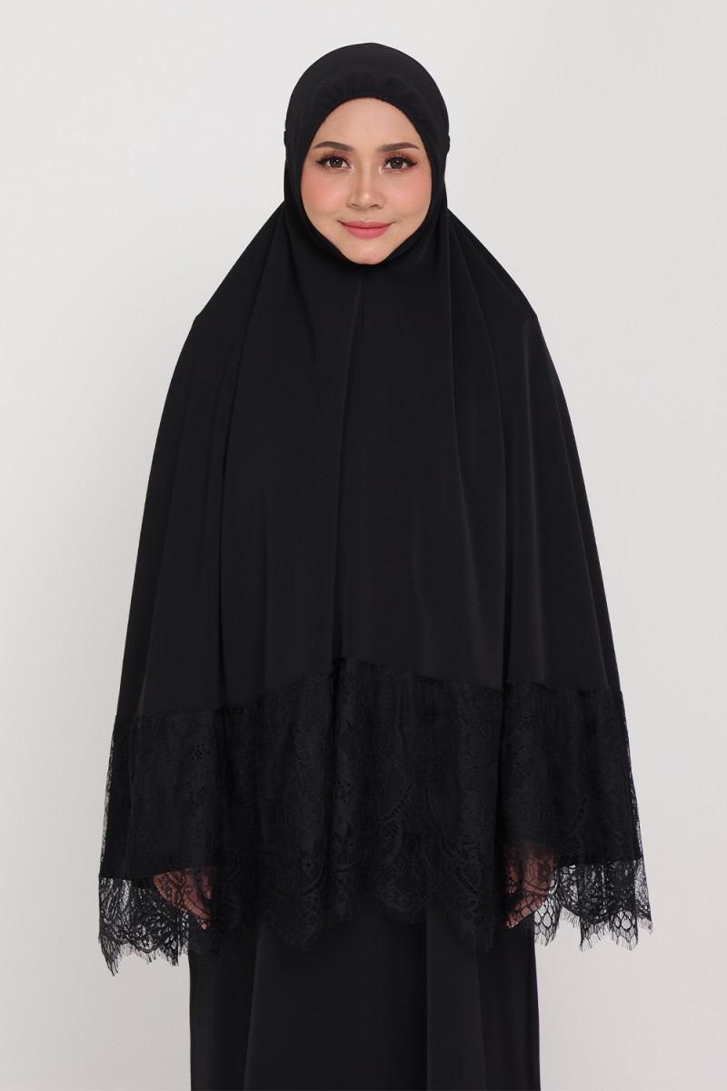 Mini Telekung Lace Dahlia Night Black + Jubah Wardah